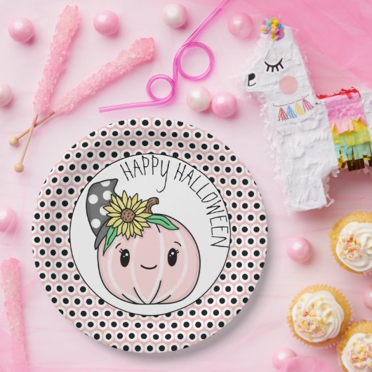 Happy Halloween | Roze pompoen en pooldots Papieren Bordje (Feest)
