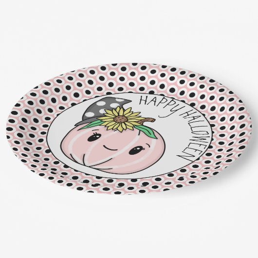 Happy Halloween | Roze pompoen en pooldots Papieren Bordje (Gekanteld)