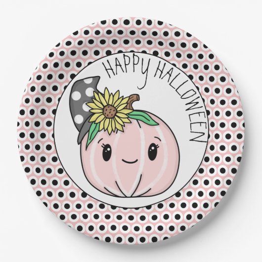 Happy Halloween | Roze pompoen en pooldots Papieren Bordje (Voorkant)