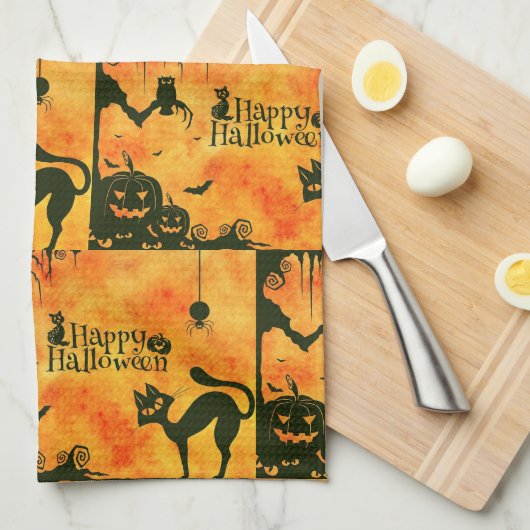 Happy Halloween Scary Black Cat Pumpkin Kitchen Theedoek (Quarter Fold)