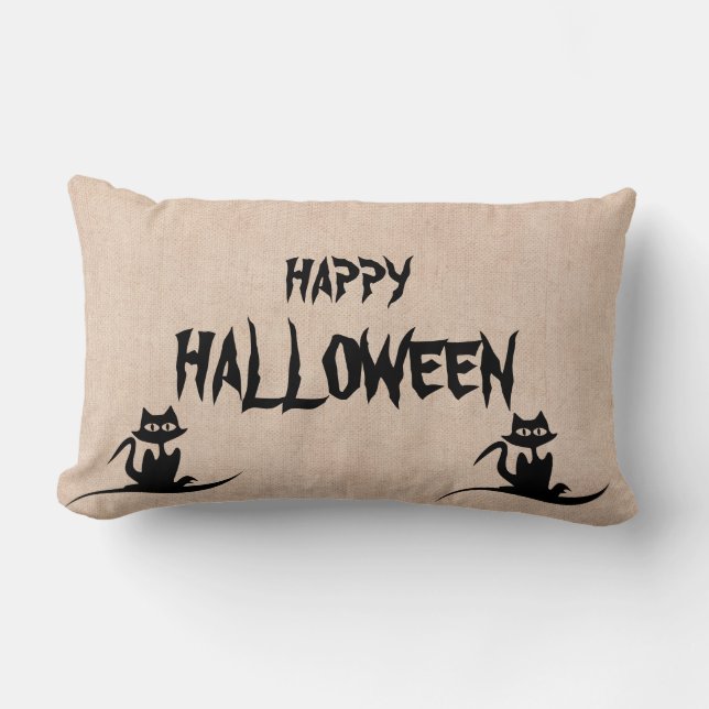 Happy Halloween Scary Cat Burlap Throw Kussen (Voorkant)