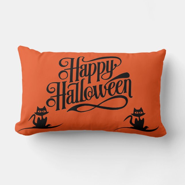 Happy Halloween Scary Cat Oranje Throw Kussen (Voorkant)
