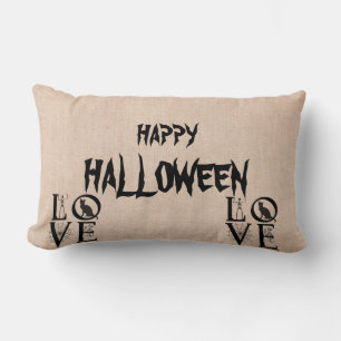 Happy Halloween Scary Cat Skull Burlap Throw Kussen