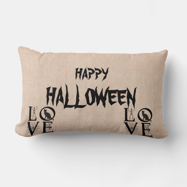 Happy Halloween Scary Cat Skull Burlap Throw Kussen (Voorkant)