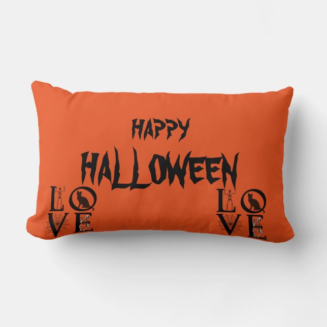 Happy Halloween Scary Cat Skull Oranje Throw Kussen (Voorkant)