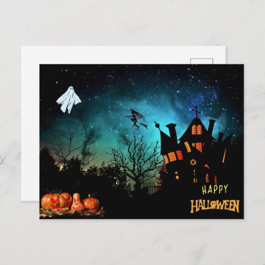 Happy Halloween Scary Witch, Ghost en Pumpkins Briefkaart (Voorkant / Achterkant)