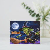 Happy Halloween Scary Witch op Broom Feestdagenkaart (Staand voorkant)