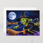 Happy Halloween Scary Witch op Broom Feestdagenkaart (Voorkant / Achterkant)