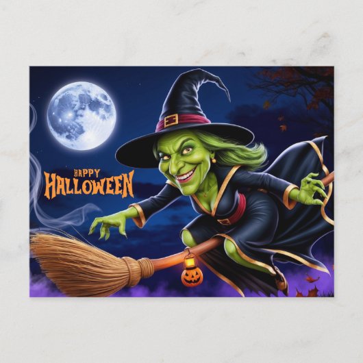 Happy Halloween Scary Witch op Broom Feestdagenkaart (Voorkant)