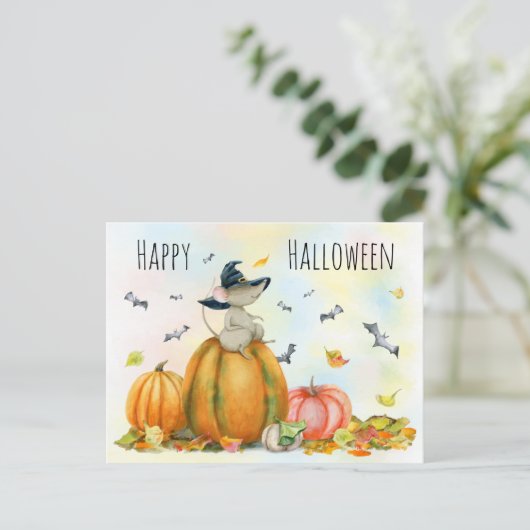 Happy Halloween Schattige Cartoon Heks Mouse Brief Briefkaart (Staand voorkant)