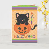 Happy Halloween Schattige Cat Jack o' Lantern Kaart (Gele Bloem)