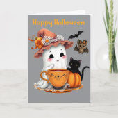 Happy Halloween Schattige Ghost, Cat, Bat Kaart (Voorkant)