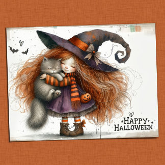 Happy Halloween - Schattige heksenmeisje en zwarte Briefkaart