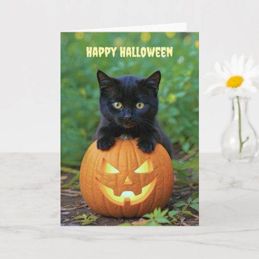 Happy Halloween Schattige Little Black Kitten Kaart (Kleine Plant)