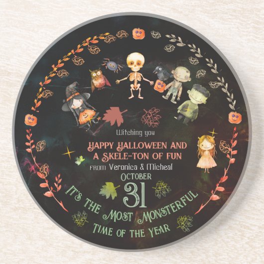 Happy Halloween Schattige Monsters Ornament Zandsteen Onderzetter (Voorkant)