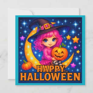 Happy Halloween Schattige Moon Witch Invitation Ka Kaart
