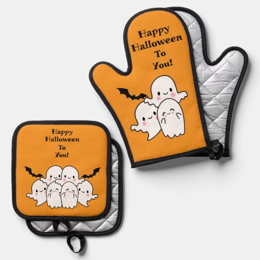 Happy Halloween Schattige Personaliseren Ovenwant & Pannenlap Set (Voorkant / Achterkant)