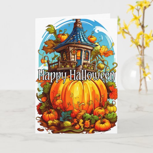 Happy Halloween | Schattige spookhuis Kaart (Gele Bloem)