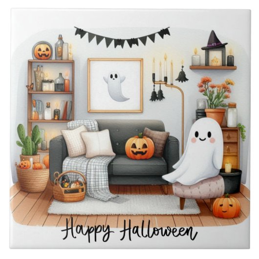 Happy Halloween Schattigee geest in zijn huis Tegeltje (Voorkant)
