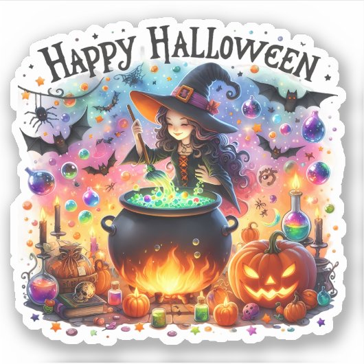 Happy Halloween - Schattigee heks, magie en vleerm Sticker (Voorkant)