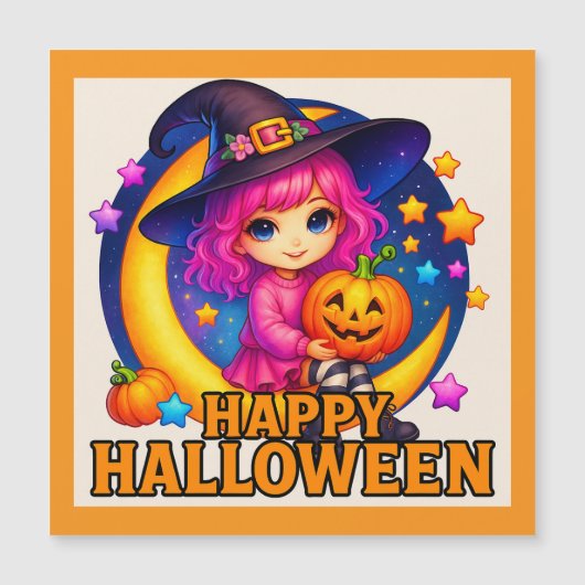 Happy Halloween Schattigee Moon Witch Magnet Kaart (Voorkant)