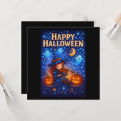 Happy Halloween Schattigee Musical Witch Greetings Kaart (Voorkant / Achterkant in situ)