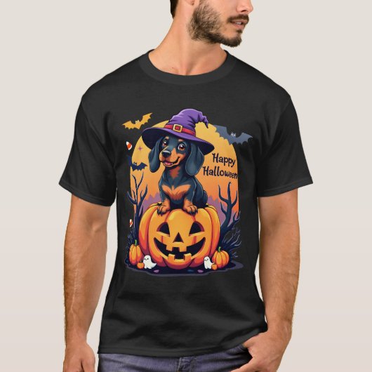 Happy Halloween Schattigee Teckel in Heks Pet T-shirt (Voorkant)