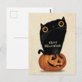 Happy Halloween Schattigee Zwarte Kat Pompoen Briefkaart (Voorkant / Achterkant)