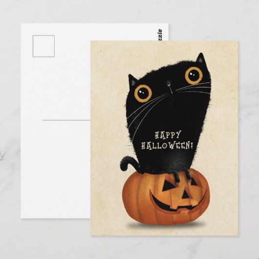 Happy Halloween Schattigee Zwarte Kat Pompoen Briefkaart (Voorkant / Achterkant)