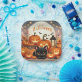 Happy Halloween Schattigee Zwarte Kat, Pompoenen Papieren Bordje (Feest)