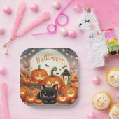 Happy Halloween Schattigee Zwarte Kat, Pompoenen Papieren Bordje (Feest)