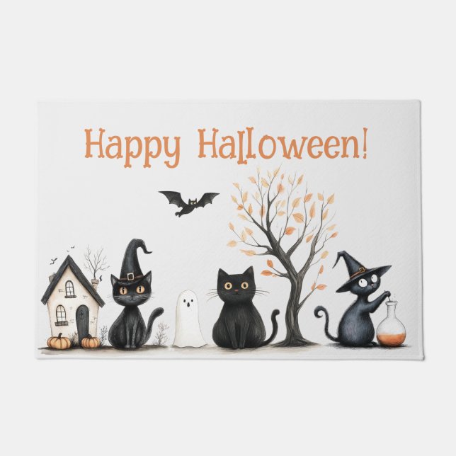 Happy Halloween Schattigee zwarte katten Deurmat (Voorkant)