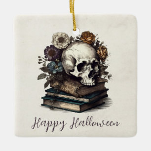 Happy Halloween  Schedel Boeken Dark Academia Keramisch Ornament