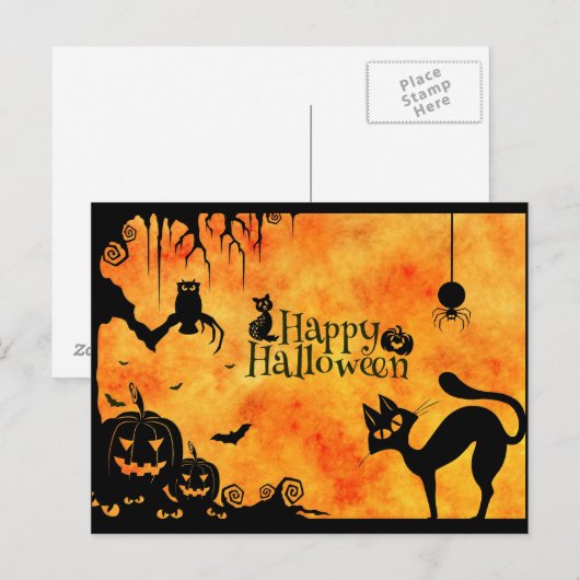 Happy Halloween Silhouette Black Cat en Friends Briefkaart (Voorkant / Achterkant)