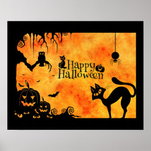 Happy Halloween Silhouette Black Cat en Friends Poster