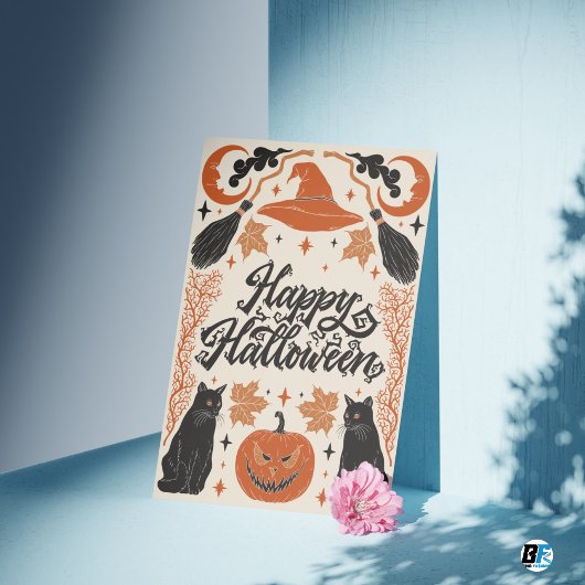 Happy Halloween Sinaasappel Black Retro  Briefkaart