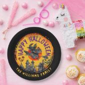 Happy Halloween Sinaasappel Black Witch Broomstick Papieren Bordje (Feest)