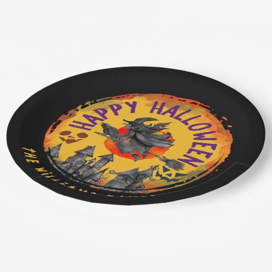 Happy Halloween Sinaasappel Black Witch Broomstick Papieren Bordje (Gekanteld)