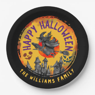 Happy Halloween Sinaasappel Black Witch Broomstick Papieren Bordje