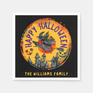 Happy Halloween Sinaasappel Black Witch Broomstick Servet