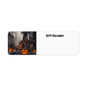 Happy Halloween skelet en pompoenen Etiket