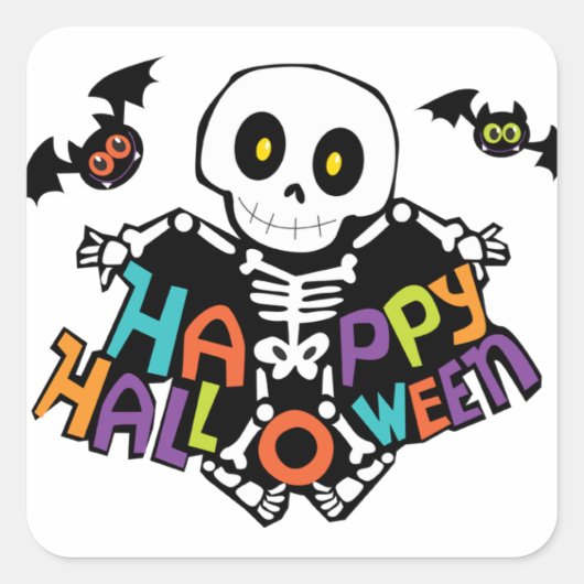 Happy Halloween (Skeleton and Bats) Vierkante Sticker (Voorkant)
