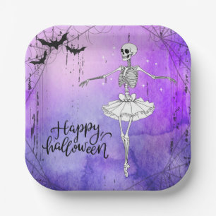 Happy Halloween Skeleton Ballerina Paarse Papieren Bordje