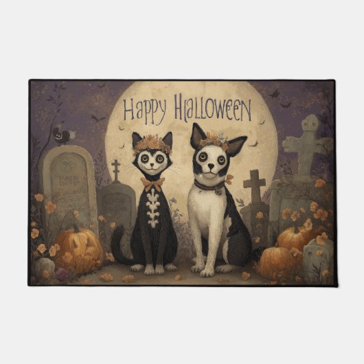 Happy Halloween Skeleton Cat and Dog in Graveyard Deurmat (Voorkant)
