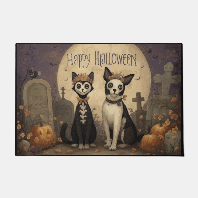 Happy Halloween Skeleton Cat and Dog in Graveyard Deurmat (Voorkant)