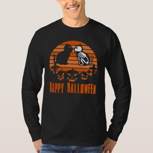 Happy Halloween Skeleton Cat Retro Sunset T-shirt (Voorkant)