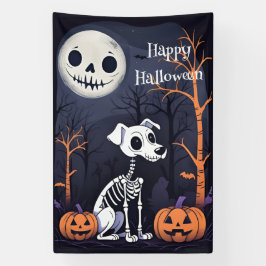 Happy Halloween Skeleton Dog, Pompoenen en Maan Spandoek