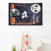 Happy Halloween Skeleton Dog, Pompoenen en Maan Spandoek (Insitu)
