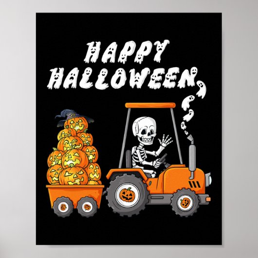 Happy Halloween Skeleton Riding Tractor Boys Kinde Poster (Voorkant)