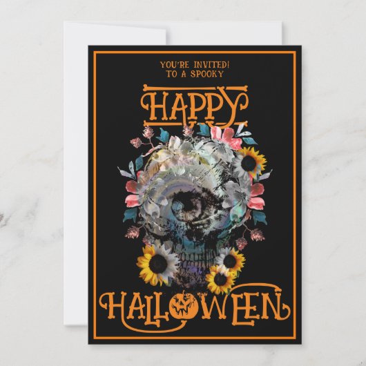 Happy Halloween Skull Floral Party Zwart Sinaasapp Kaart (Voorkant)